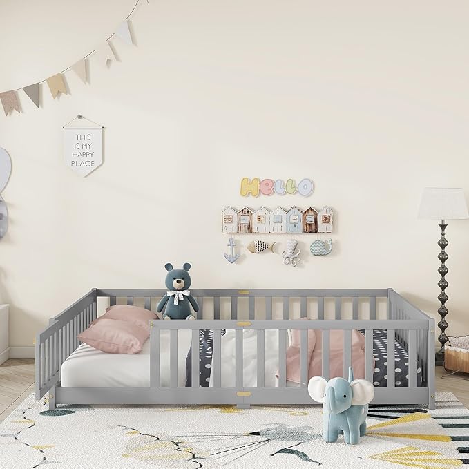 Full Size Floor Bed for Kids, Wood Montessori Floor Beds with Fence Railings, Door & Slats Support, Full Playhouse Bed Frame for Boys Girls, No Box Spring Needed, Gray