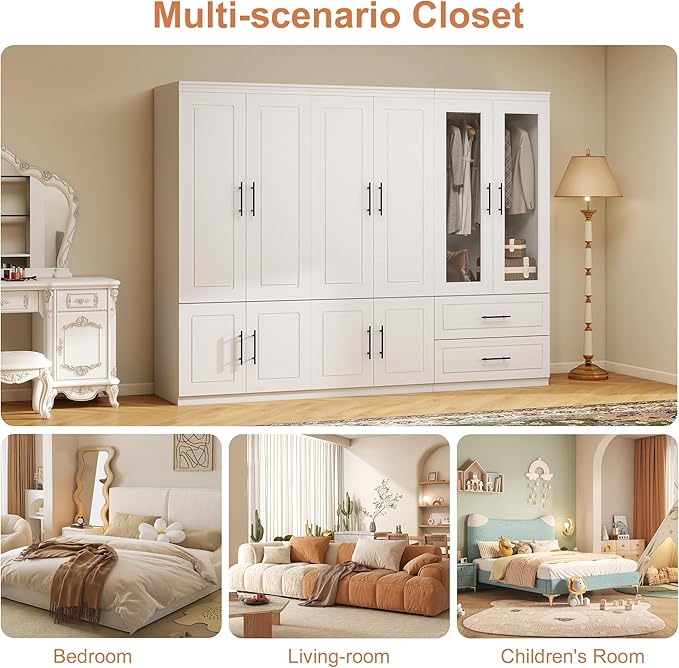 Armoire Wardrobe Closet with Glass Door: White 6 Door Wood Wardrobe Closet Combination Wooden Bedroom Armoire 2 Drawer with Hanging Rods for Home/Bedroom/Living Room