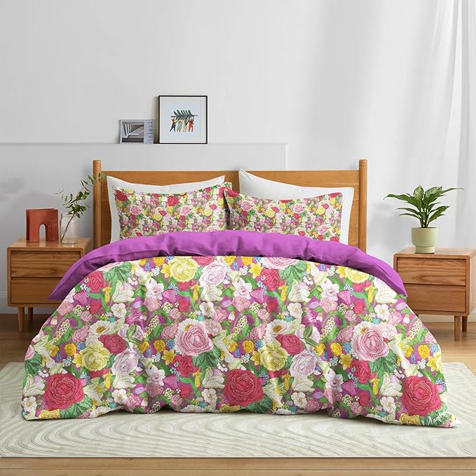MAGRACE Cotton Duvet Cover Queen- Super Soft Breathable Durable Vintage Floral Purple Reversible Duvet Cover Set -Duvet Cover with Pillow Shams