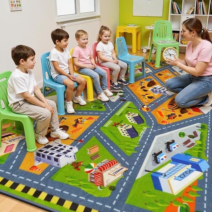STARUIA Car Rug Play Mat 63"x78", Kids Cars Rug for Playroom Toy Cars Non-Slip City Road Map Kids Rugs for Bedroom Boys, Educational Baby Children Play Mat for Learn and Have Fun