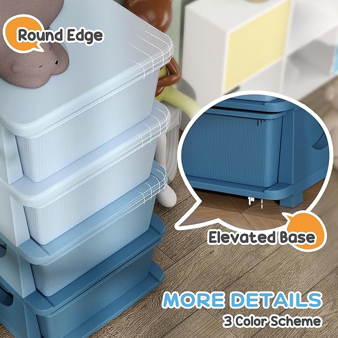 Qaba 4 Tier Kids Storage Unit, 4 Drawer Chest Toy Organizer Plastic Bins for Kids Bedroom Nursery Kindergarten Living Room for Boys Girls Toddlers, Blue