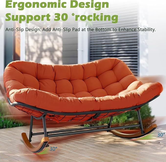 Double Papasan Rocking Chair Outdoor & Indoor, 660LBS Capacity Oversized Patio Rocking Chair for 2-Person with Thick Cushion and Frame, Egg Rocking Chair for Garden, Deck, Living Room, Red