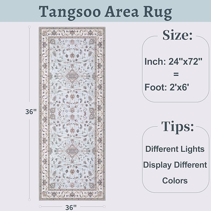 Tangsoo 2x6 Washable Runner Rug for Hallways,Vintage Boho Light Blue Non Slip Rug Runner, Soft Low Pile Persian Floral Entryway Floor Carpet for Kitchen Bedside Bathroom Kid & Pets Friendly Home Decor