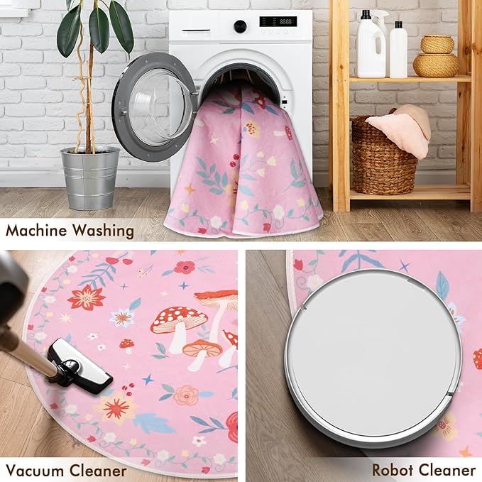 4' Machine Washable Round Area Rug, Non-Slip Vintage Floral Circle Floor Rugs for Kids, Low Pile Room Carpet for Living Room, Bedroom, Dining Room & Nursery(4' Pink Mushroom)