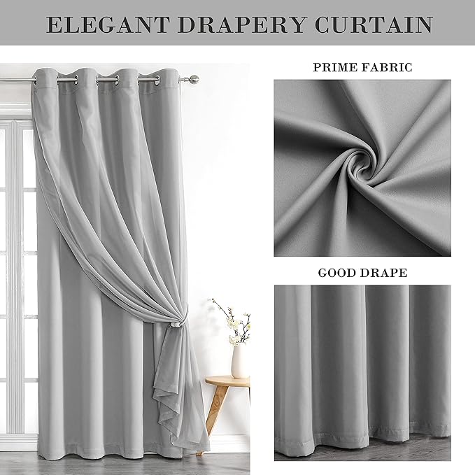 Lotusolution Living Room Mix and Match Blackout Curtains Gray Curtains & Solid White Voile Sheer Curtains Shabby Chic Double Layer Curtains Draperies for Christmas Holiday Bedroom, 52" W x 95" L, Grey