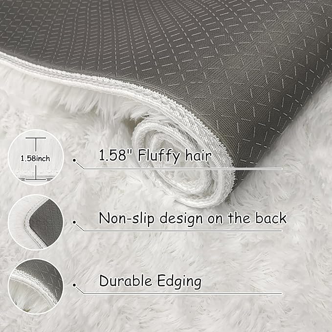 White Fluffy Runner Rugs for Bedroom Living Room Soft Shag Rug 2x8 Feet Plush Carpet Non Slip for Nursery Dorm, Fuzzy Bedside Rug Hallway for Kids Boys Girls Room Home Decor