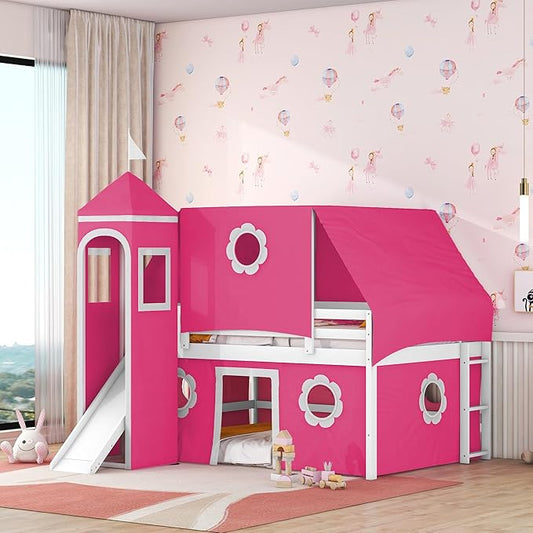 Full Size Low Loft Bed with Slide & Tent and Tower, Playhouse Design Solid Wood Tent Bed Frame for Kids Boys Girls, Versatile Spacious Under Bed Space with Curtains (Pink-FF)