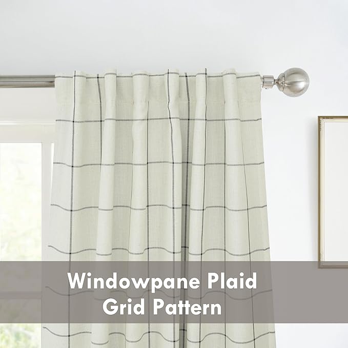 DriftAway 2 Panels 100% Blackout Windowpane Plaid Linen Curtains Double Layer Drapes for Bedroom 102 Inches Long Farmhouse Thermal Insulated 3.25 Inch Rod Pocket Back Tab for Living Room Black
