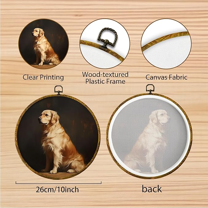 Hiuwevt Vintage Golden Retriever Round Wall Art Decor, Golden Retriever Gifts Framed Canvas Prints, Moody Farmhouse Dog Round Wall Hanging Decor for Bedroom Living Room Decorations, 10x10 Inches