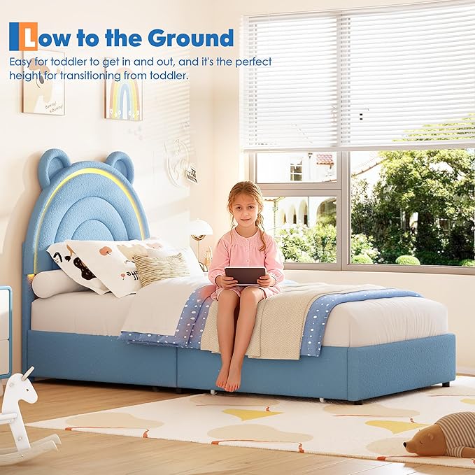 Garvee Twin Size Bed Frame with 4 Storage Drawers & LED Lights, Velvet Upholstered Platform Bed with Rainbow Headboard for Kids/Boys, Solid Wood Slats Support, No Box Spring Needed, Blue