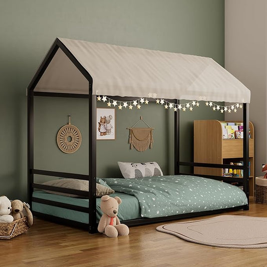 Harper & Bright Designs Twin Size Floor Bed Frame for Kids, House Bed with Roof and Guardrail, Metal Montessroi Floor Bed for Boys Girls, Easy Assemble, No Slats,Black