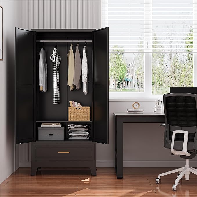 Metal Wardrobe Closet Cabinet with Drawers,71" H Large Bedroom Armoires with Shelves and Hanging Rod,Wardrobe Storage Cabinet with 2 Doors, 1 Adjustable Shelf and Drawers (1Drawer, Black)