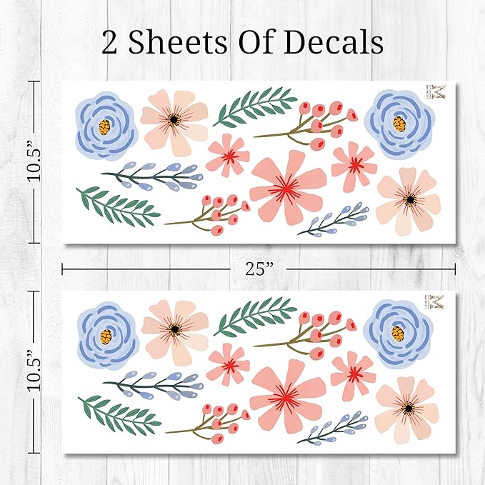 Decalcomania Evening Flowers Wall Decor by Mia Charro - Set of 26 Danish Pastel Room Decor Flower Wall Decals Removable Peel and Stick Wall Stickers - Floral Aesthetic Room Decor