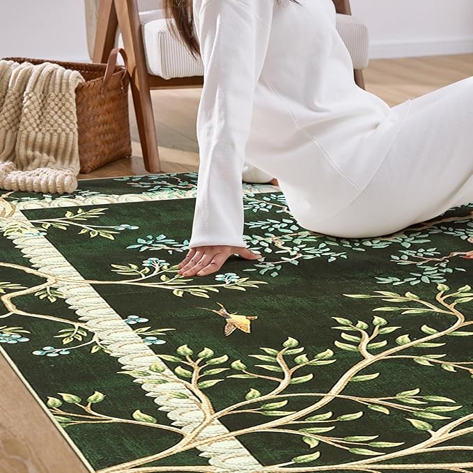 jinchan Yarden Botanical Birds 5x7 Moss Green Christmas Area Rugs for Living Room - Washable Non-Slip Soft Nature Plants Modern Kids Carpet,Vintage Low Pile Indoor Rug for Bedroom Dining Room Nursery