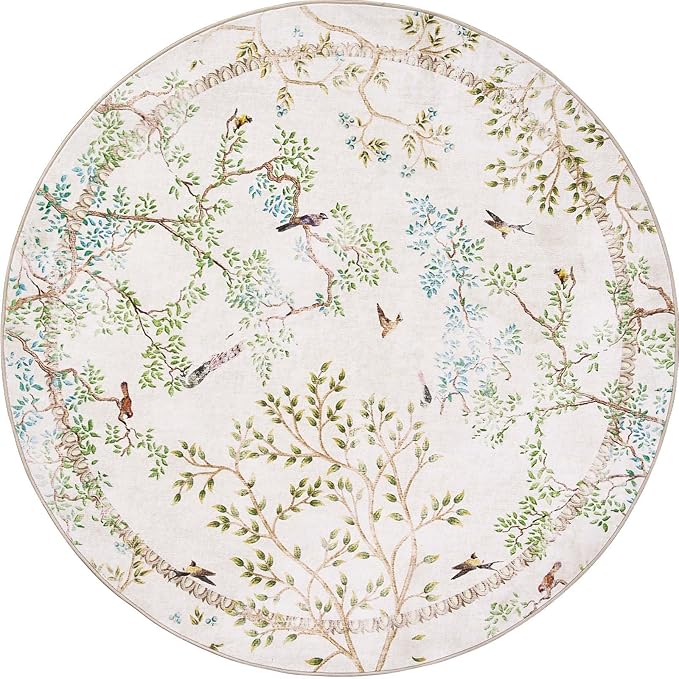 jinchan Yarden Round Rugs 6ft Ivory Botanical Birds Print Machine Washable 6' Circle Nature Plants Modern Soft Non Slip Kids Throw Area Rugs Ultra Thin Low Pile Carpet for Living Room Bedroom