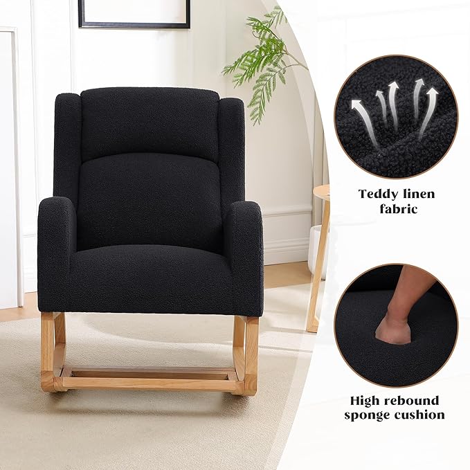 Rocking Chair Nursery, Nursing Rocking Chairs for Mom Nursery, Comfy Wingback Glider Rocking Armchair with Foot Rest and Side Pocket for Nursery Living Room Bedroom, Teddy Black
