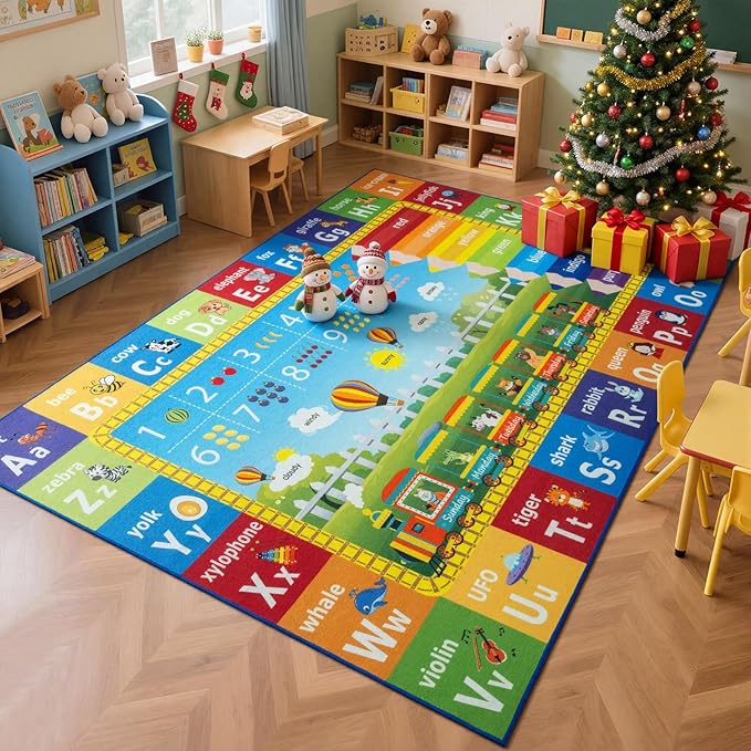 Unirea 8x10 Kids Rug for Playroom Classroom Bedroom, Washable Educational Play Mat with ABC Alphabet, Numbers, Animals for Living Room, Nursery, Colorful Learning Carpet for Toddlers, Rainbow