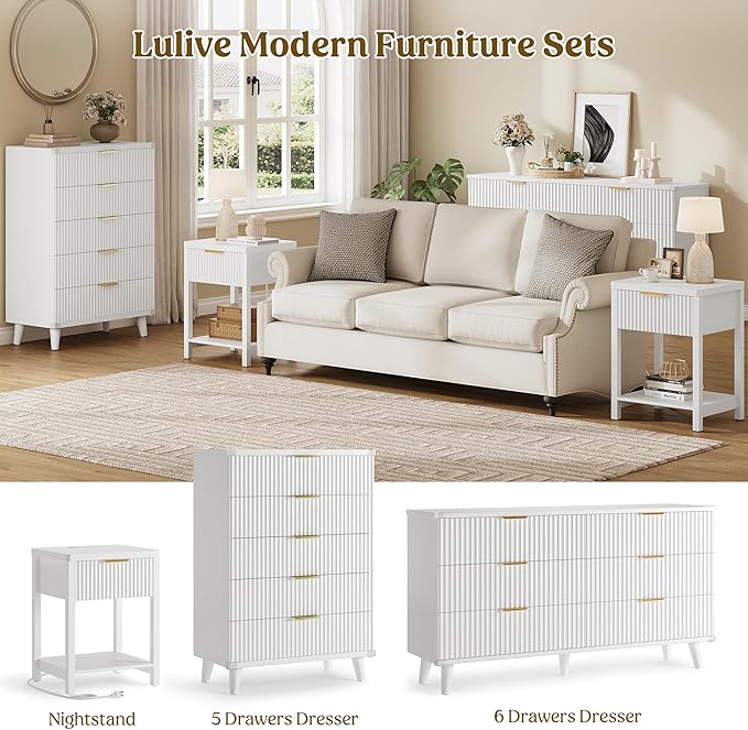 Lulive Night Stand Set 2, Fluted Nightstand with Charging Station, Wood Modern Bedside End Table with Storage Drawer for Bedroom, Save Space (Set of 2, White)