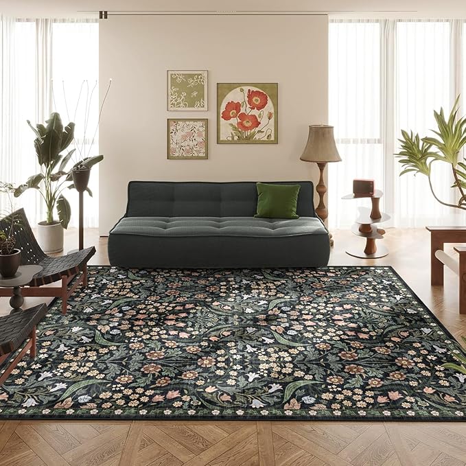 8x10 Washable Area Rug for Living Room, Floral Non-Slip Non-Shedding & Easy Care, Large Soft Low Pile Botanical Indoor Floor Carpet for Living Room, Bedroom, Dining Room, Kids Playroom, Nursery, Black