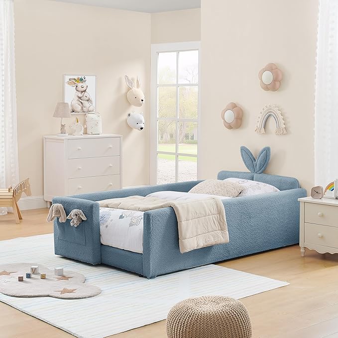 Twin Size Upholstered Platform Bed with Safety Guardrail and Cute Rabbit Ear Shaped Headboard, Boucle Fabric Montessori Kids Bed with Pocket and Sturdy Slats Support (Baby Blue-7.24)