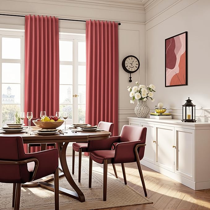 Guken Red Linen 100% Blackout Curtains for Living Room 96 Inches Long 2 Panel Sets for Living Room Textured Light Blocking Thermal Insulated Soundproof Back Tab Hook Belt Dining Room Backdrop 52x96