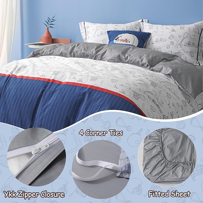 Simple&Opulence 100% Organic Cotton Duvet Cover for Kids Teens, 3 Pieces Soft Comforter Cover with Zipper Closure Cool Boy Girl Baseball Bedding Set - Sports, Twin