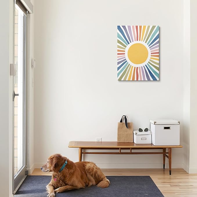 XWELLDAN Cute Cartoon Sun Cheerful Nursery Wall Art Canvas Prints,Watercolor Boho Neutral Sun Sunshine Wall Art Decor for Kids Baby Bedroom Nursery Playroom, 11 x 14 Inch, Framed