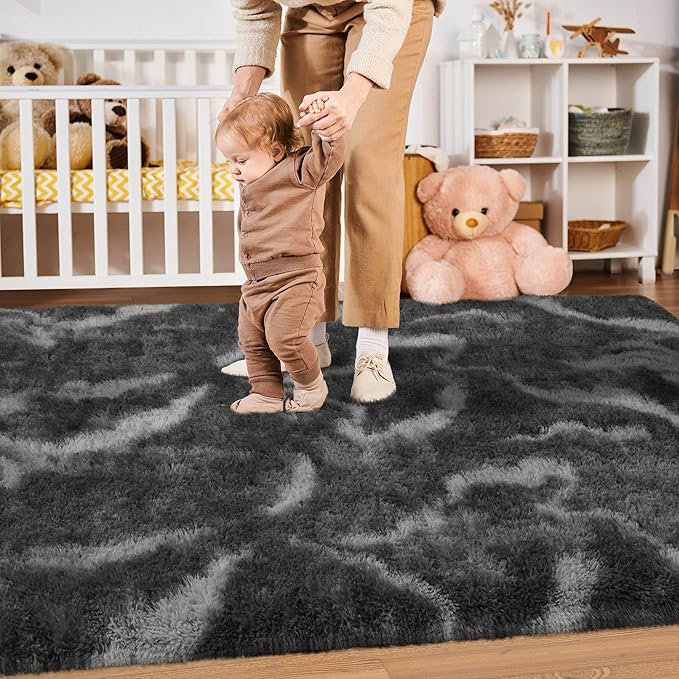 Merelax Area Rugs for Living Room Bedroom, Non-Slip Large 6x9 Feet Soft Fluffy Shaggy Bedside Rug, Indoor Floor Carpet for Kids Dorms, Nursery Rooms, Playroom, Home Decor Aesthetic, Black/White