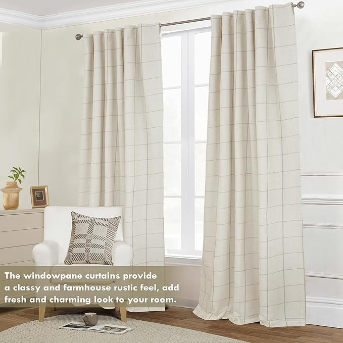 DriftAway 2 Panels 100% Blackout Windowpane Plaid Linen Curtains Double Layer Drapes for Bedroom 84 Inches Long Farmhouse Thermal Insulated 3.25 Inch Rod Pocket Back Tab for Living Room Taupe