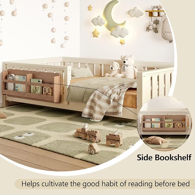 Bellemave Twin Floor Bed with Slats and Safety Guardrail, Twin Size Montessori Floor Bed with Fence and Built-in Bookshelf, Easy Assemble Montessori Beds for Kids, Girls, Boys, Beige