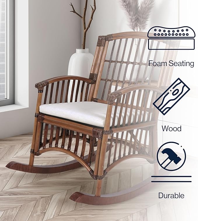 JONATHAN Y RCK200A Swayze Bohemian Farmhouse Woven Rattan/Wood Rocking Chair White Cushion with Brown Frame for Home, Living Room, Bedroom. Guestroom, Foyer, Library