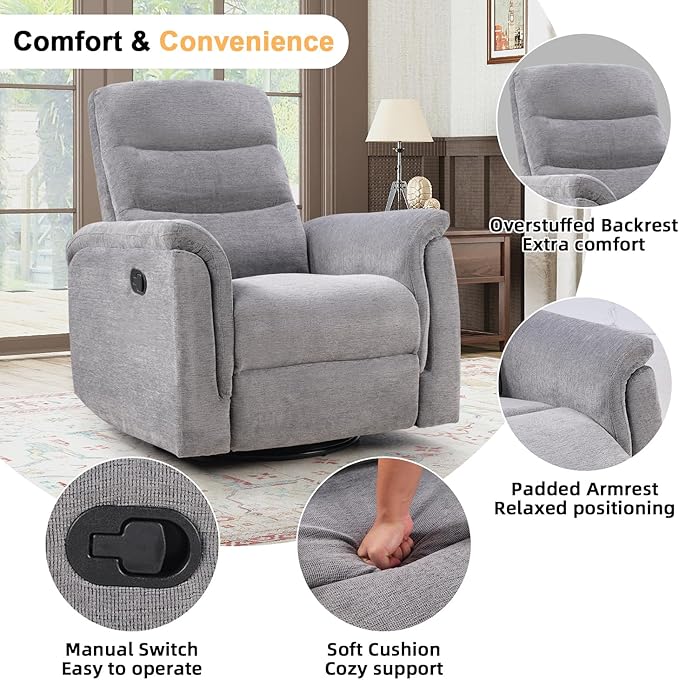 INZOY Swivel Rocker Recliner, Nursery Glider Chair, Manual Chairs Swivel Glider Recliners with Soft Backrest, Fabric Manual Reclining Sofa for Living Room Bedroom Apartment, Grey