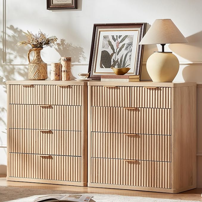 LEYAOYAO Fluted 5 Drawers Dresser for Bedroom Set of 2, 34" Tall Modern Chest of Drawers with Metal Handle, Curved Profile Design,Natural Wood Drawer Organizer for Bedroom, Living Room, Hallway