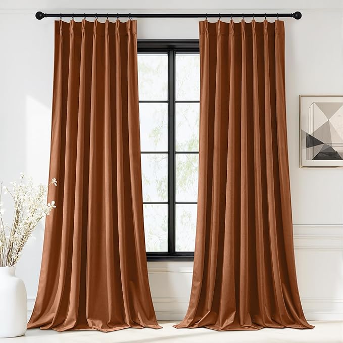 StangH 90 inch Pinch Pleat Velvet Curtains for Living Room, Luxury Burnt Orange Floor Length Drapes with Privacy Super Soft Thermal Insulated Panels for Nursery, W40 x L90, 2 Panels