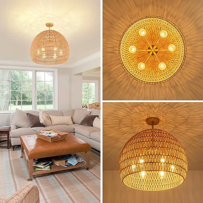 Rattan Ceiling Light Fixture, 6-Light Boho Semi Flush Mount Ceiling Light,23.62" Wicker Light Fixture with Handmade Woven Cage Lampshade,Rattan Chandelier for Bedroom Hallway Nursery Kitchen Farmhouse