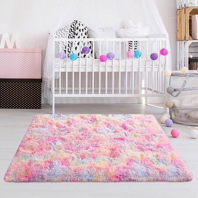 3x5 Pastel Rainbow Rug for Girls Bedroom, Fluffy Colorful Unicorn Rug for Kids Room Cute Floor Carpets Shaggy Playing Mat for Toddler Baby Girls Room Nursery Home Tie-Dyed Rainbow Rugs