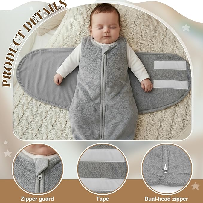 Fleece Swaddle Blanket for 0-3 Months Fleece Newborn Sleepers Plush Baby Wearable Blanket Golden Mink Swaddle with Adjustable Wrap for Baby Shower New Parents Gift, Gray