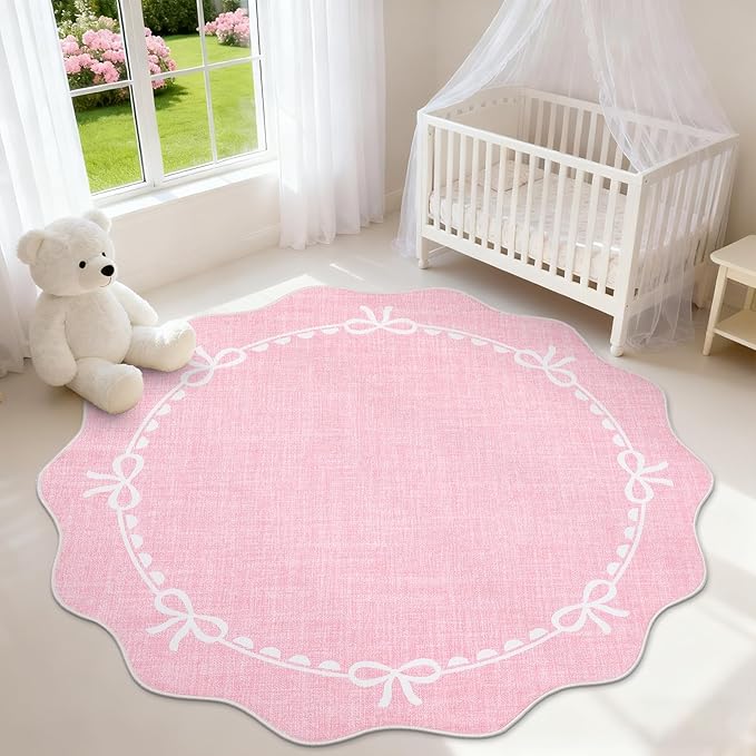 GarveeHome Scalloped Bow Rug for Living Room, 6ft Round Rugs Washable Solid Pink Rug for Dorm Soft Low Pile Non Slip Scalloped Rugs for Nursery Bedroom Decor Kids Room Playroom