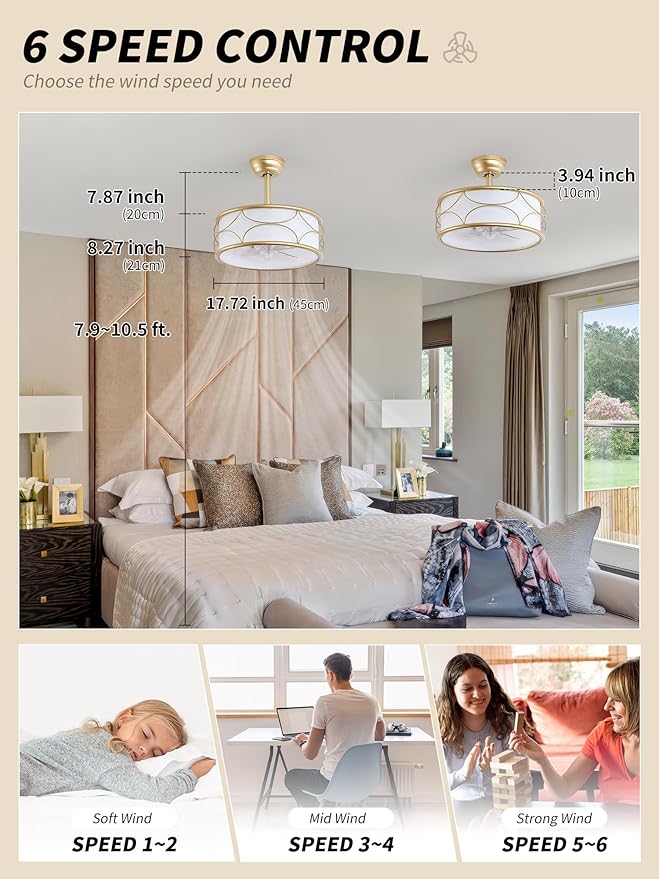 18" Gold Fandelier Ceiling Fan with Light, Fabric Boho Chandelier Ceiling Fans with Lights Remote Control, Mid-Century Modern Caged with 6 Speeds for Bedroom, Nursery (FS-BG02)