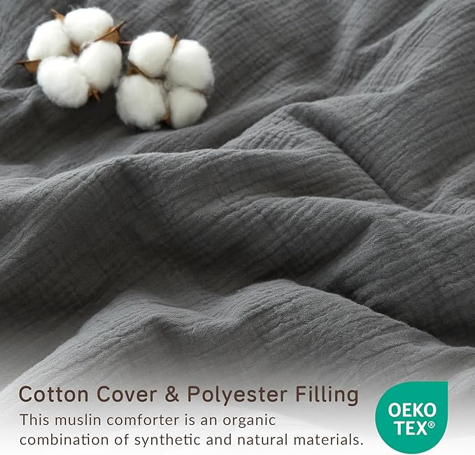 Muslin Comforter Set Queen Size, Cotton Cover & Polyester Filling, Breathable & Linen Like & Suitable for All-Season Use,3 Pieces(1 Comforter 90"x90", 2 Pillow Shams 20"x26"), Rock Grey