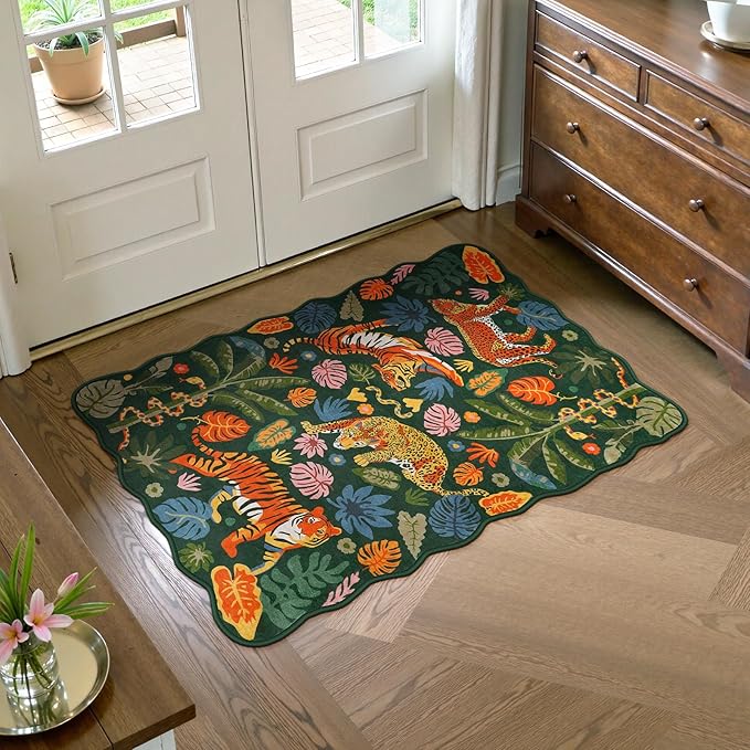 LEEVAN Washable Tiger Rug 2x3 Bathroom Rugs Non Slip Scalloped Green Entryway Doormat Leopard Front Door Mat Low Pile Rug Pad for Porch Soft Jungle Laundry Rug