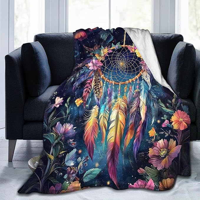 Dream Catcher Blanket Floral Feather Decor Throw Blanket Super Soft Flannel Lightweight Fluffy Plush Cozy Fuzzy Fleece Gifts Blanket for Girl Woman Man Boys Kids Adults for Bed Sofa 60"X80"