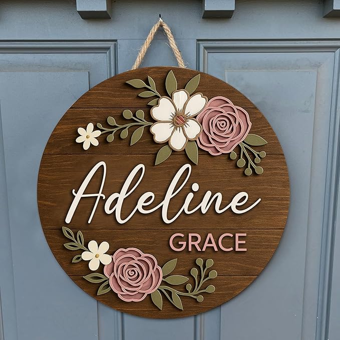 Personalized Floral Wooden Name Sign – Newborn Keepsake Wood Plaque with Flowers and Leaves, Custom Nursery Wall Decor, Baby Girl Room Door or Bedroom Decoration