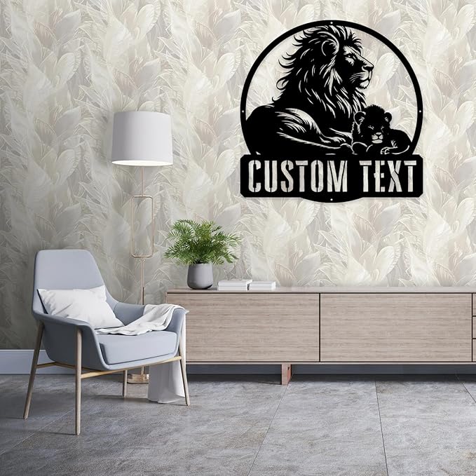 Lion and Cub Home Decor, Metal Name Signs Personalized, Black Wall Art for Living Room/Bedroom, Personalized Birthday/Housewarming Gift for Dad, Father’s Day Gift