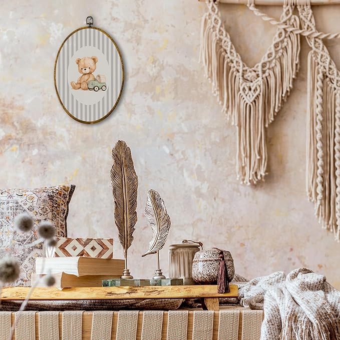 shiviody Vintage Bear Nursery Canvas Wall Art Decor, Bear Nursery Decor, Grey Striped Wild Animal Oval Hanging Frame Prints Decorations for Kids Toddler Room Bedroom Playroom 8.6"x11.4"