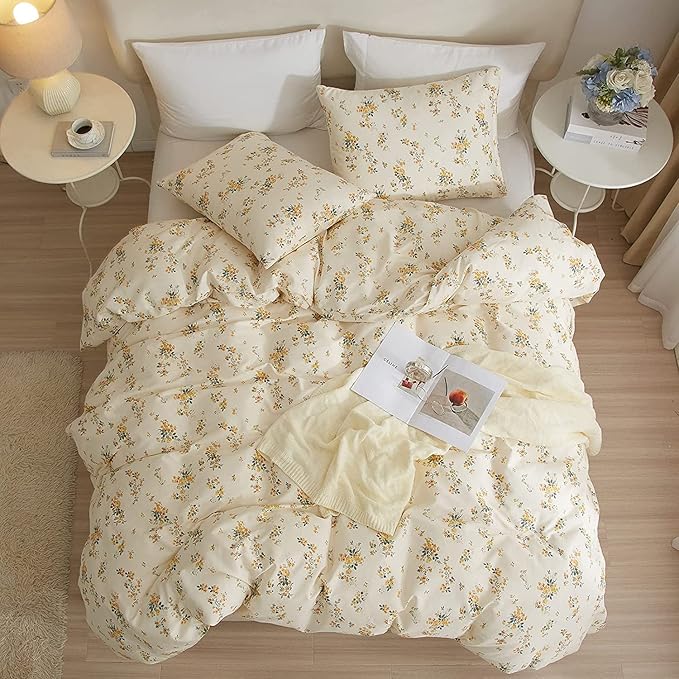 HighBuy 3 Pieces Duvet Covers Queen Size Yellow Floral Duvet Cover Set,Ultra Soft Cotton Bedding Set Botanical Printed Soft Aesthetic Bed Cover with Zipper Closure 4 Ties All Season