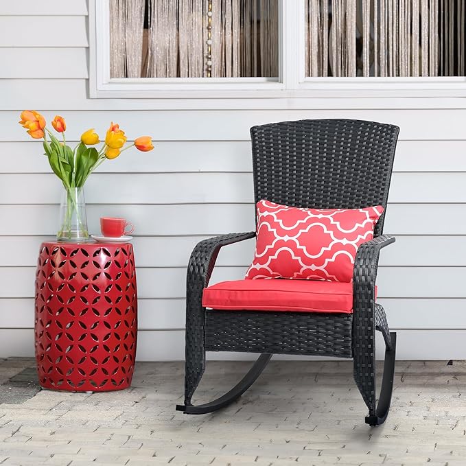 Outdoor Rocking Chair- Outdoor Rattan Rocker Chair with Heavy Duty Steel Frame- All Weather Rocker Chair for Garden, Porch, Backyard, Poolside (Black Rattan & Red Cushion, 320lbs)