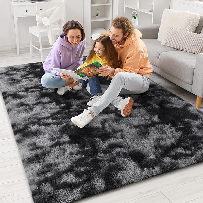 BENRON Fluffy Tie-dye Black Rugs for Living Room Bedroom 4x6, Soft Plush Fuzzy Shaggy Rugs for Kids Girls Boys Room Decor, Washable Indoor Floor Carpets