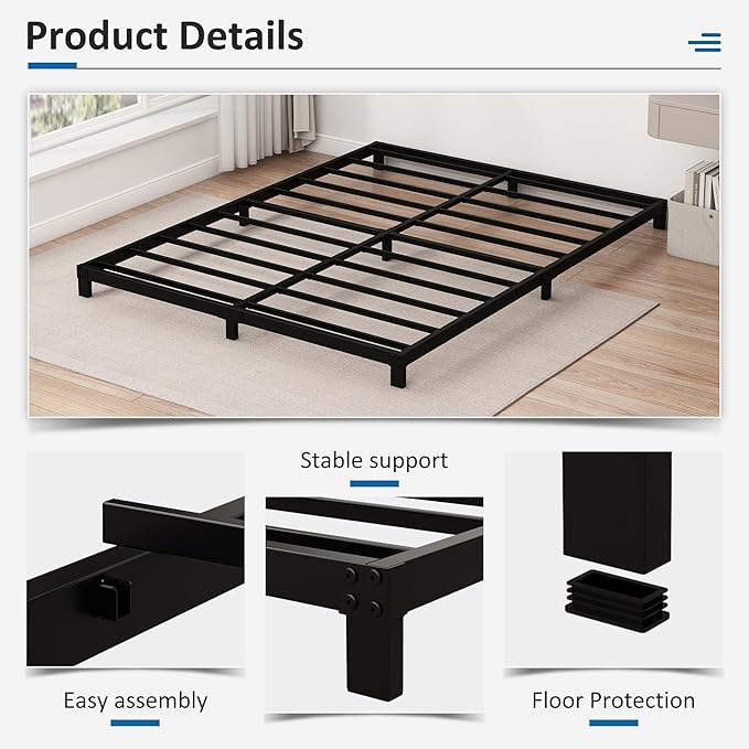 5 Inch Low Full Size Bed Frame Heavy Duty Metal Platform, No Box Spring Needed, Easy Assembly Mattress Foundation, No Noise, Black
