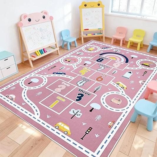 Hopscotch Kids Rug Carpet 7x10Ft Pink Car Road Play Mat for Girls Boys Classroom Bedroom Playroom Living Room, Educational & Learning, Large, Washable Children Preschool Rug, 6.6x9.8Ft